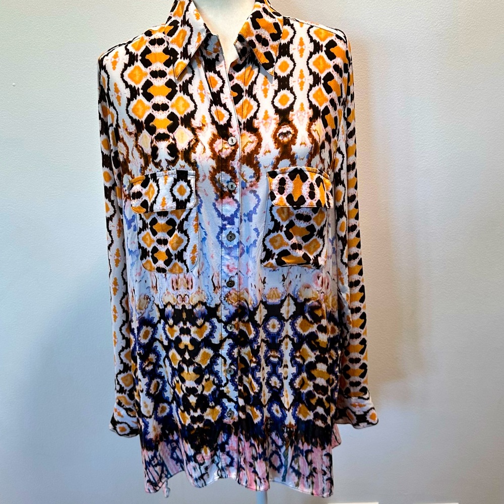 Mischa Tie Dye Animal Print Long Sleeve Button Down Tunic Top Women’s size XL